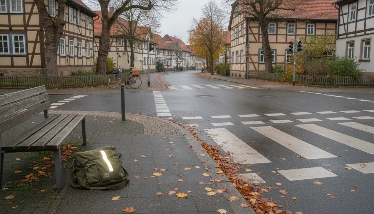 Puste przejście dla pieszych z sygnalizacją w niemieckim mieście jesienią