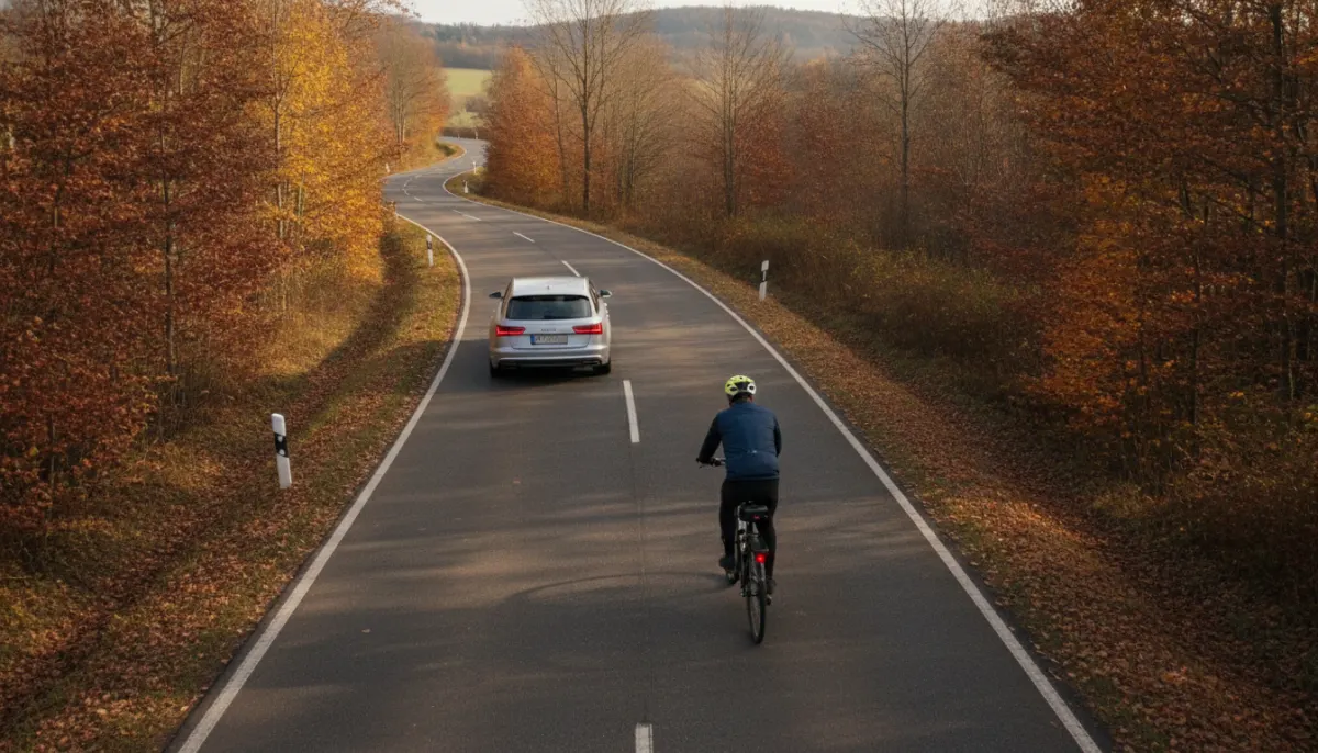Samochód wyprzedzający rowerzystę z dużym odstępem na jesiennej drodze