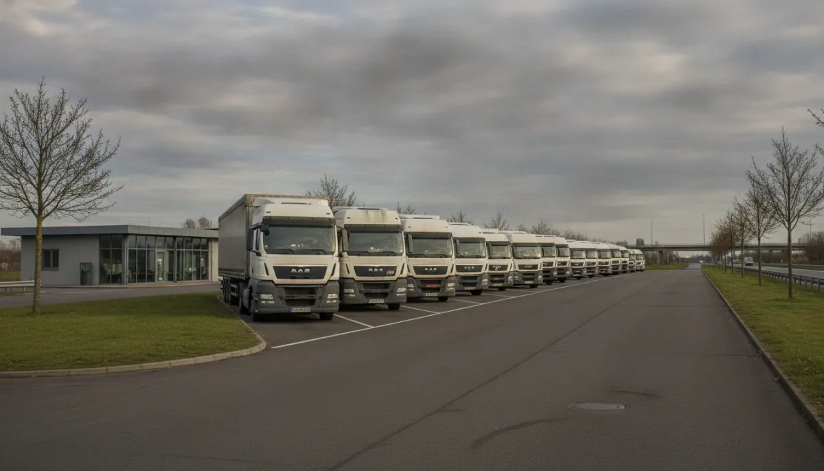 Zaparkowane ciężarówki na niemieckim parkingu w świetle dnia