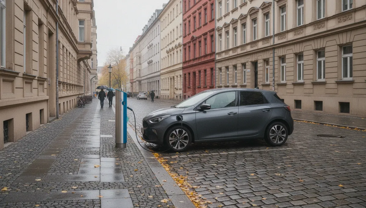 Samochód elektryczny ładuje się przy stacji na ulicy niemieckiego miasta jesienią