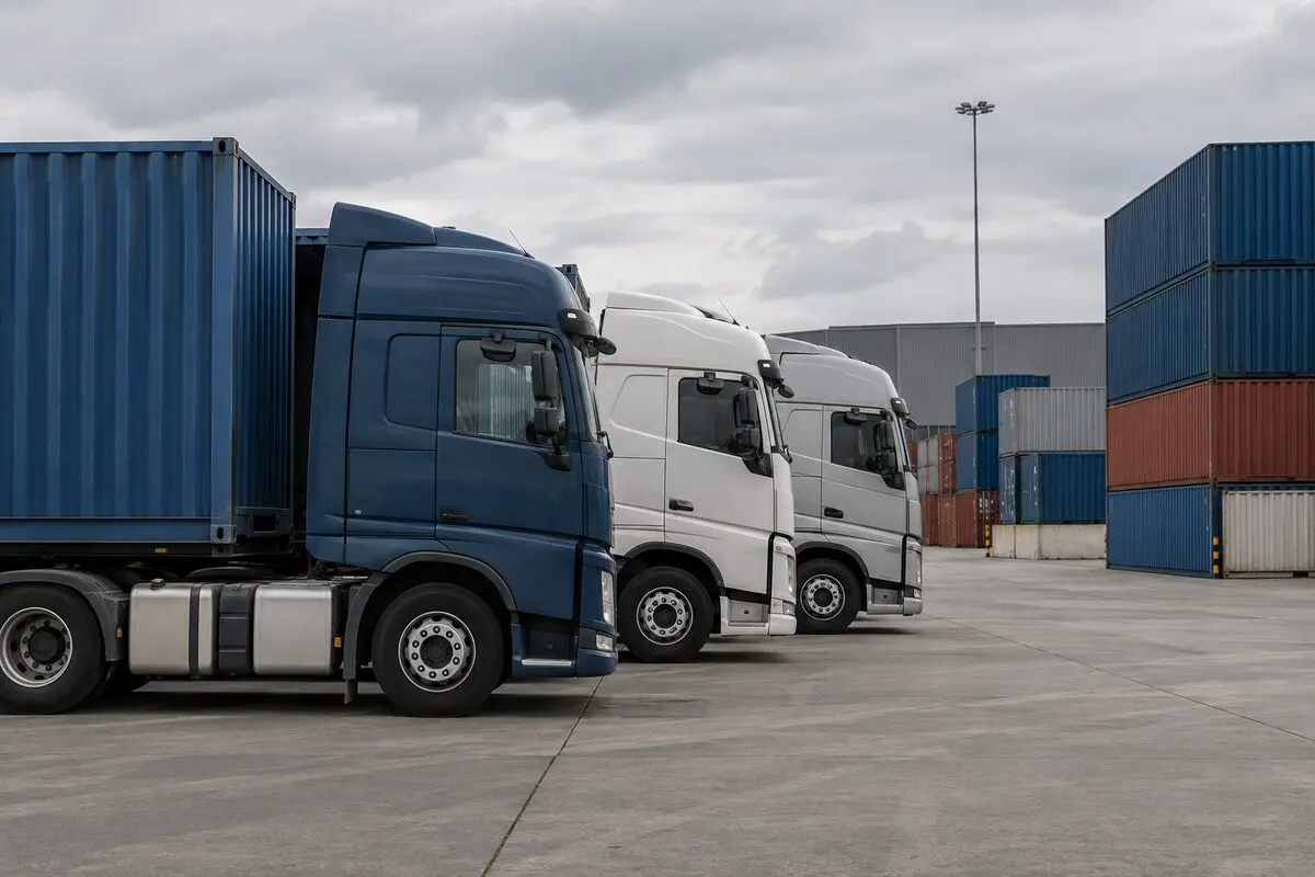 Nieoznakowane kontenery i zaparkowane ciężarówki w centrum logistycznym