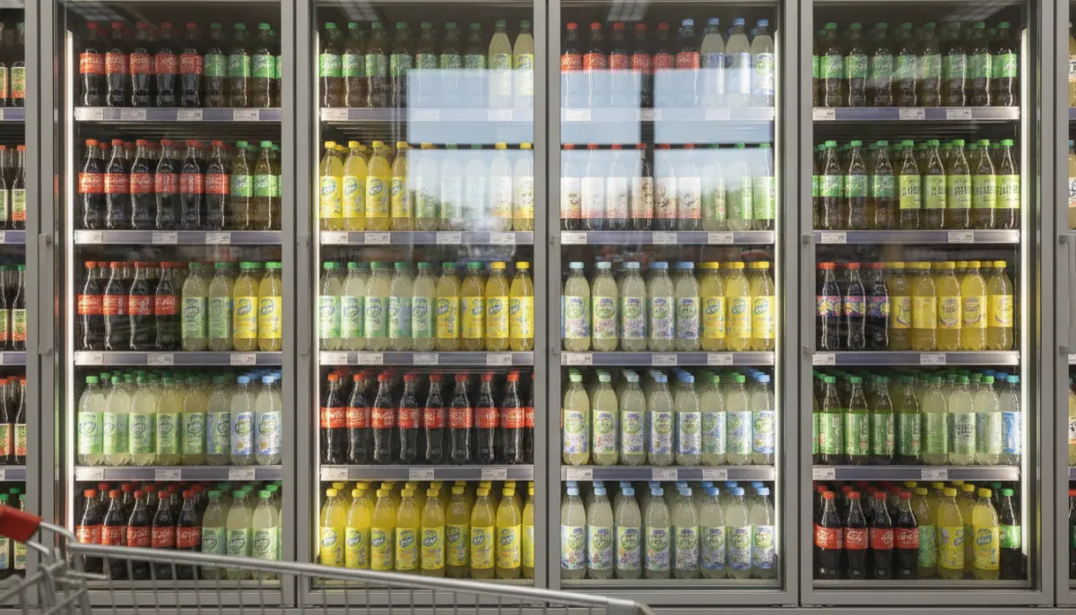 Lodówka w supermarkecie pełna butelek coli, lemoniady i napojów energetycznych
